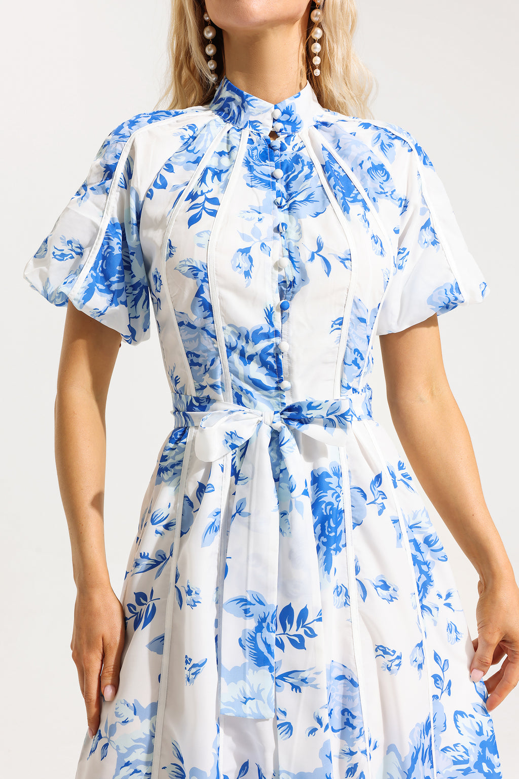 Single Breasted Puff Sleeve Midi Dress With Belt