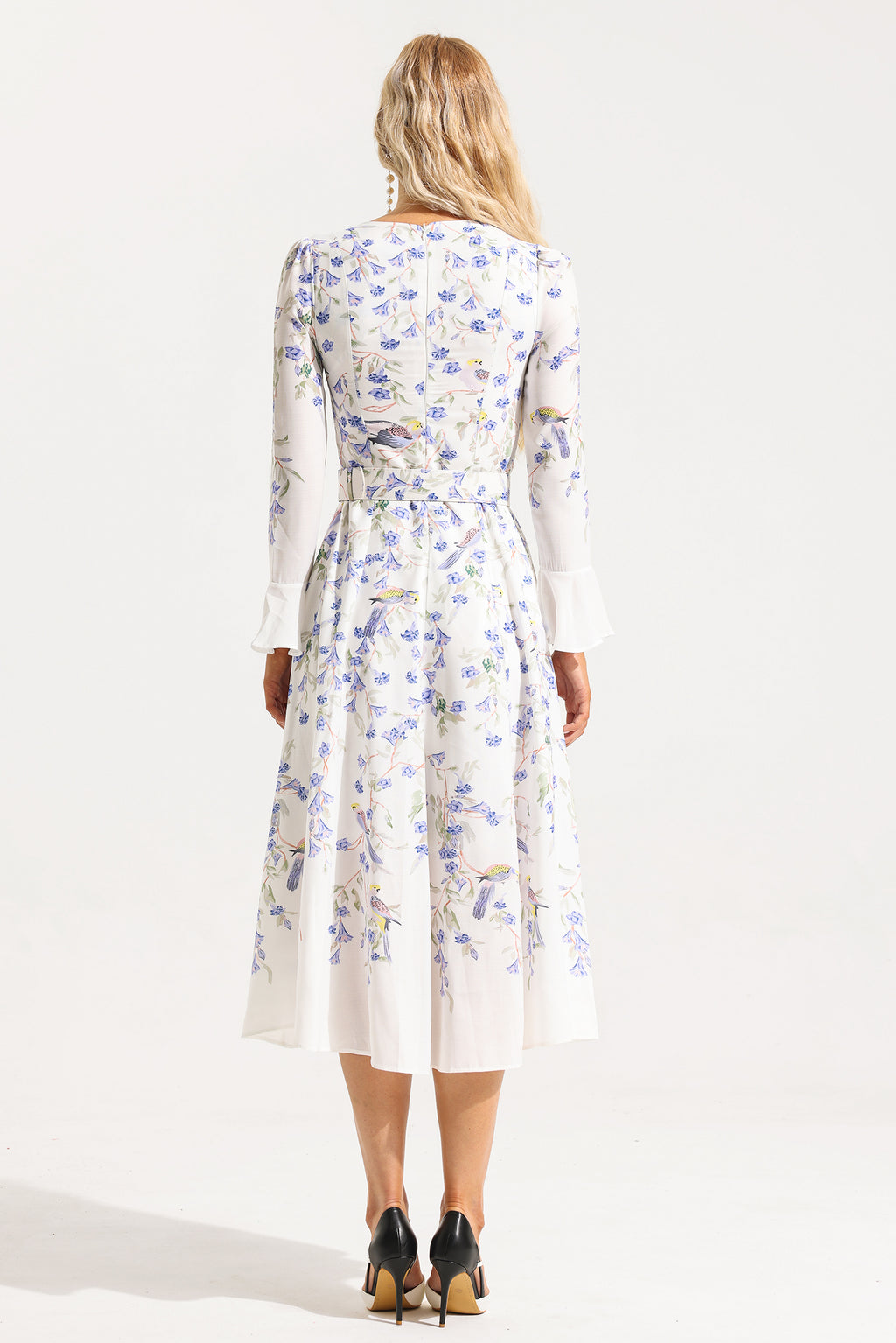 V-neck Long Sleeve Midi Dress With Belt