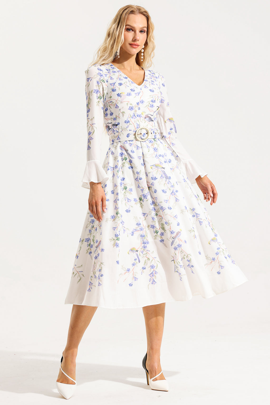 V-neck Long Sleeve Midi Dress With Belt