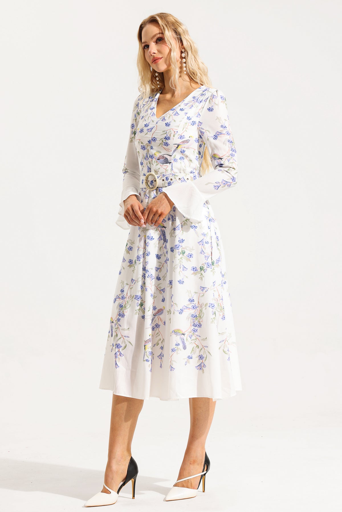 V-neck Long Sleeve Midi Dress With Belt