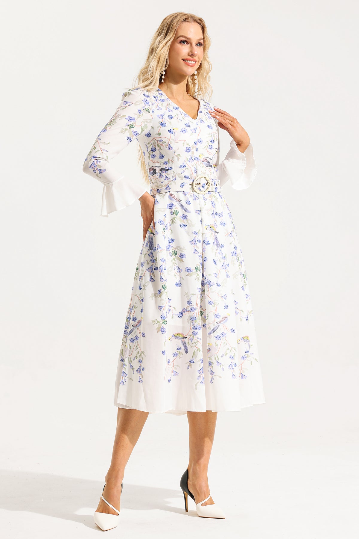 V-neck Long Sleeve Midi Dress With Belt