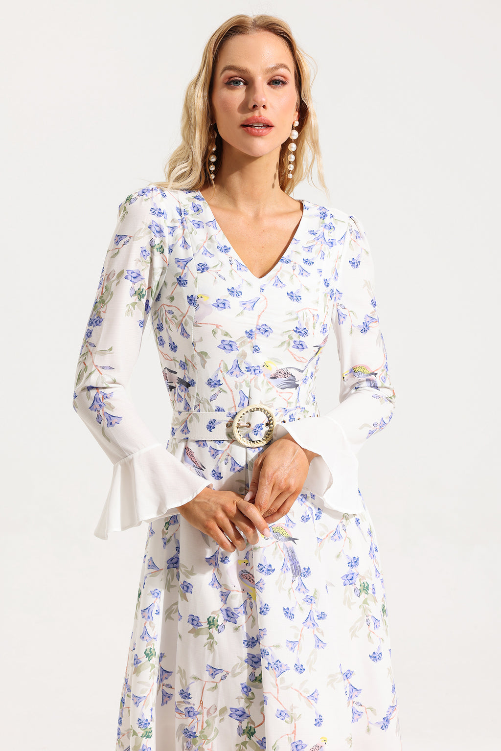 V-neck Long Sleeve Midi Dress With Belt