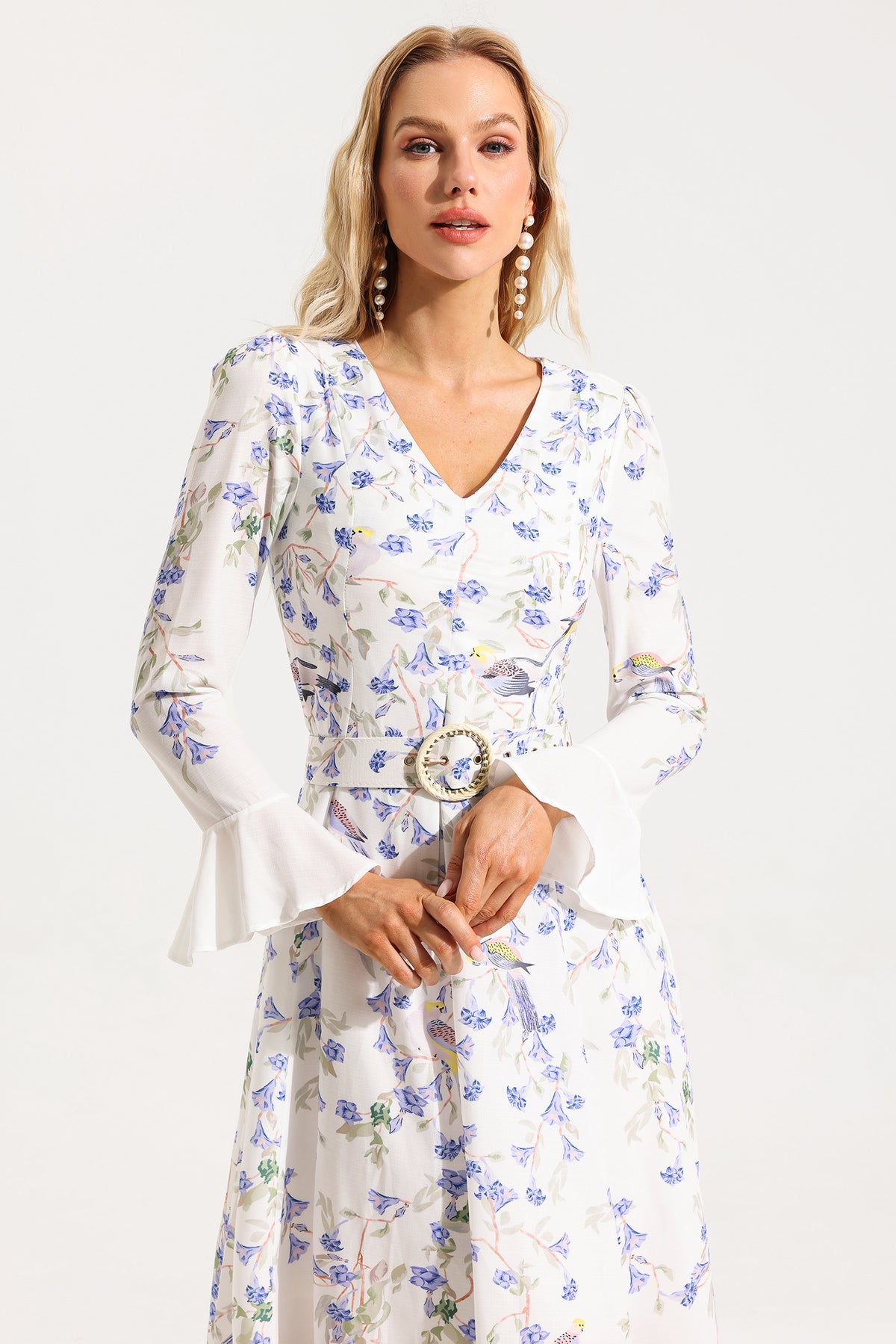 V-neck Long Sleeve Midi Dress With Belt