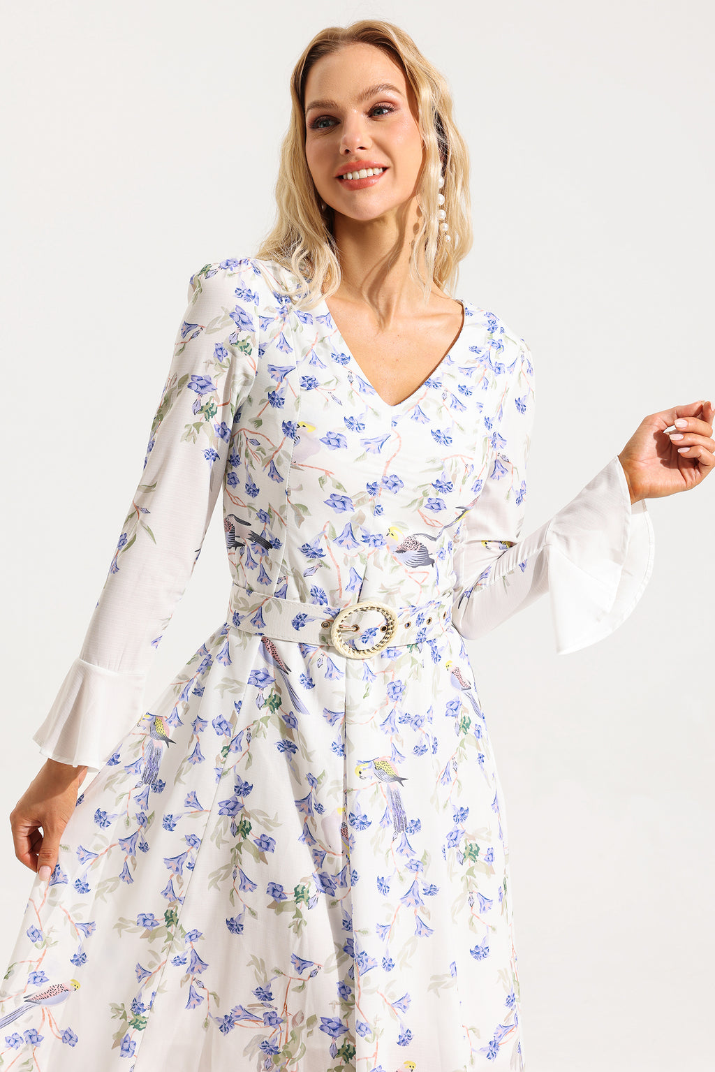 V-neck Long Sleeve Midi Dress With Belt