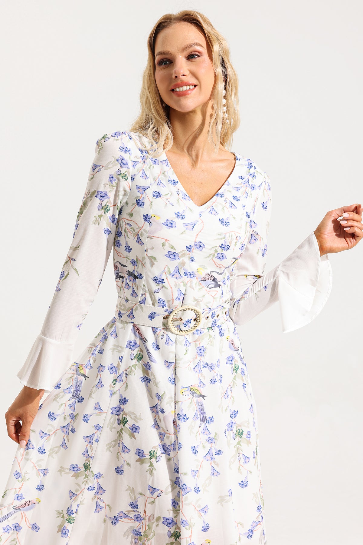 V-neck Long Sleeve Midi Dress With Belt