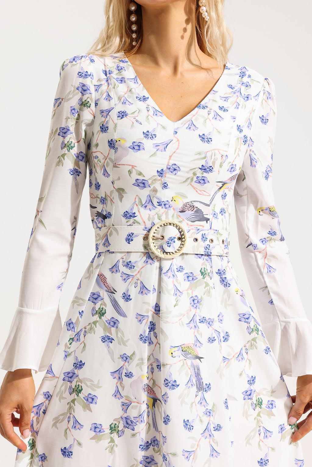 V-neck Long Sleeve Midi Dress With Belt
