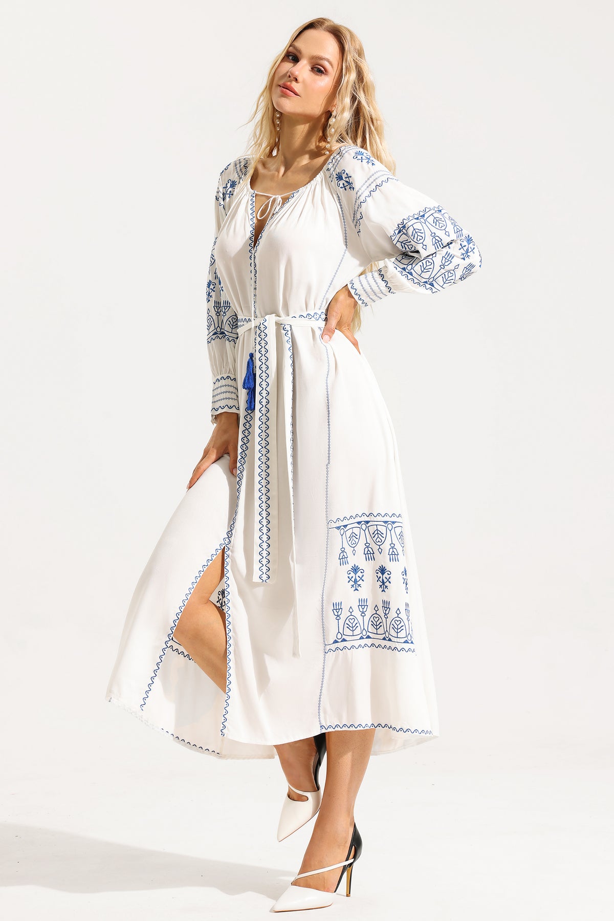 Paisley Embroidered Lace Up Maxi Dress