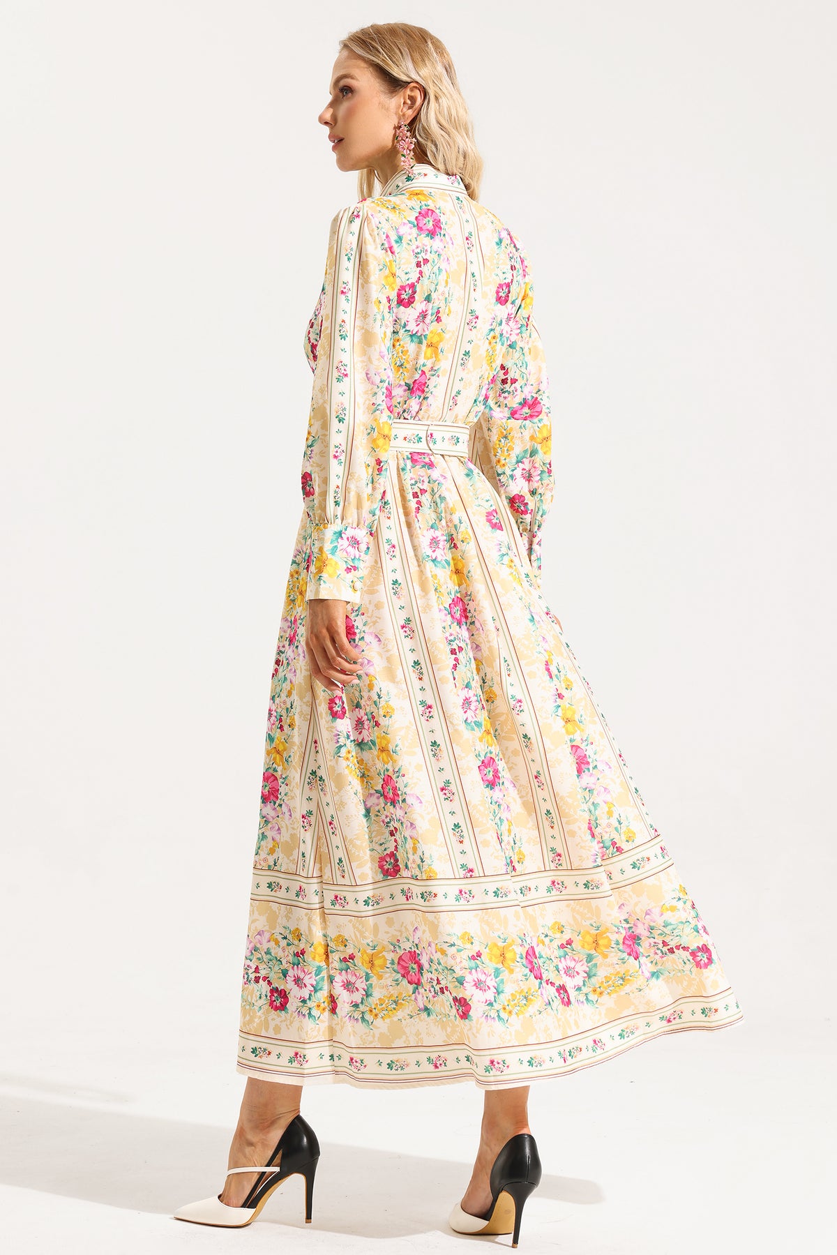 Button Long Sleeve Midi Dress With Belt