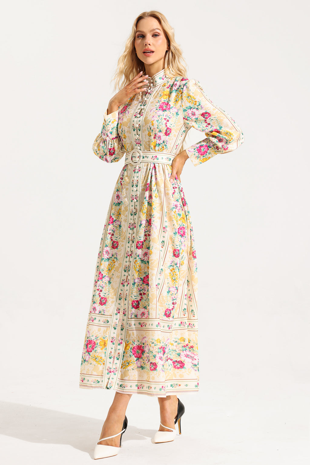 Button Long Sleeve Midi Dress With Belt