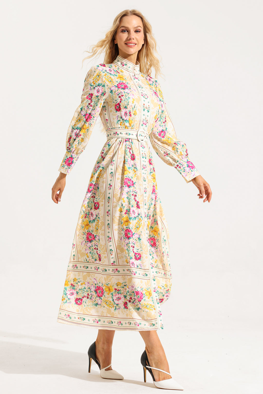 Button Long Sleeve Midi Dress With Belt