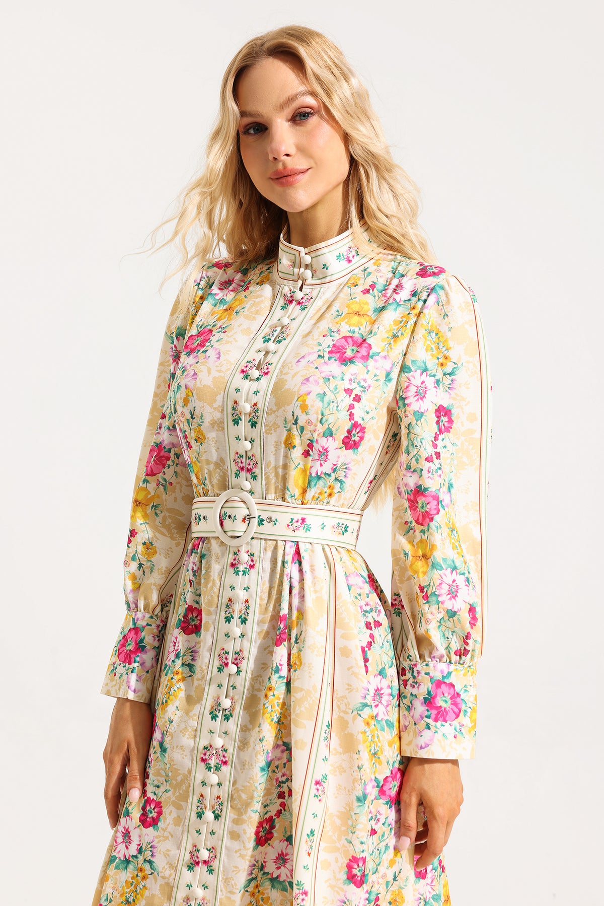 Button Long Sleeve Midi Dress With Belt