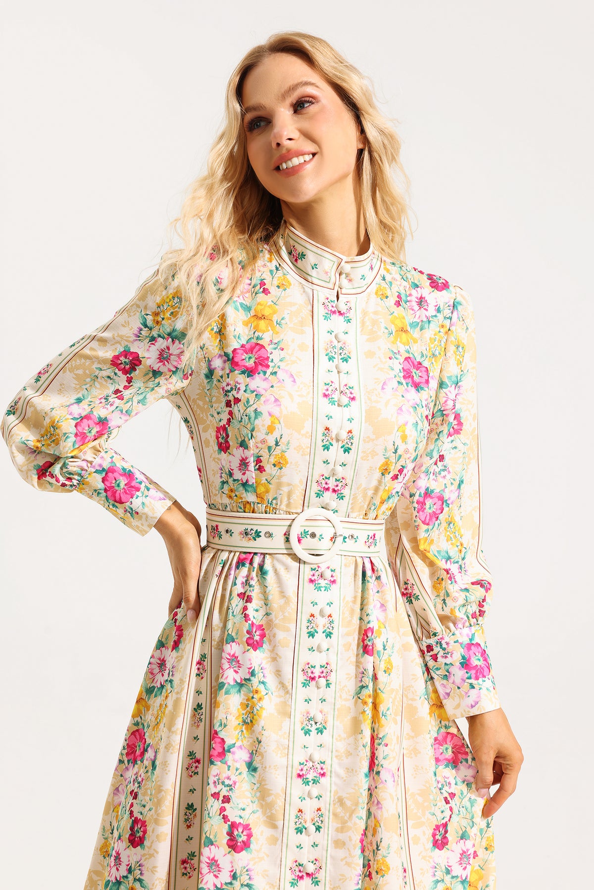 Button Long Sleeve Midi Dress With Belt