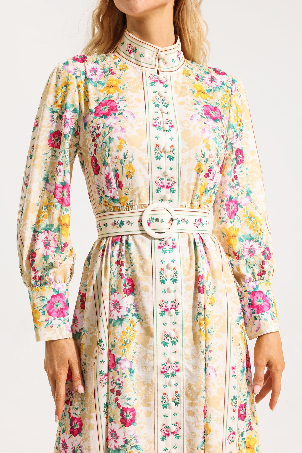 Button Long Sleeve Midi Dress With Belt