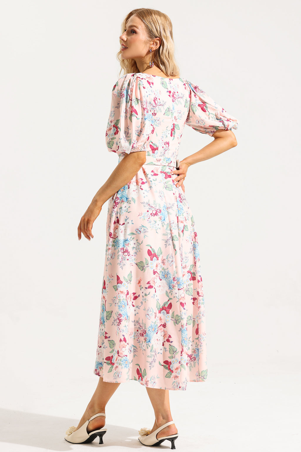V-neck Puff Sleeve Midi Dress With Belt