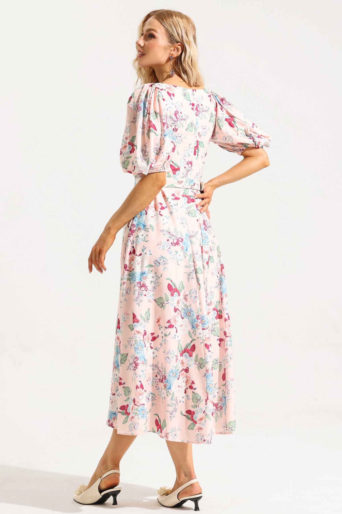 V-neck Puff Sleeve Midi Dress With Belt