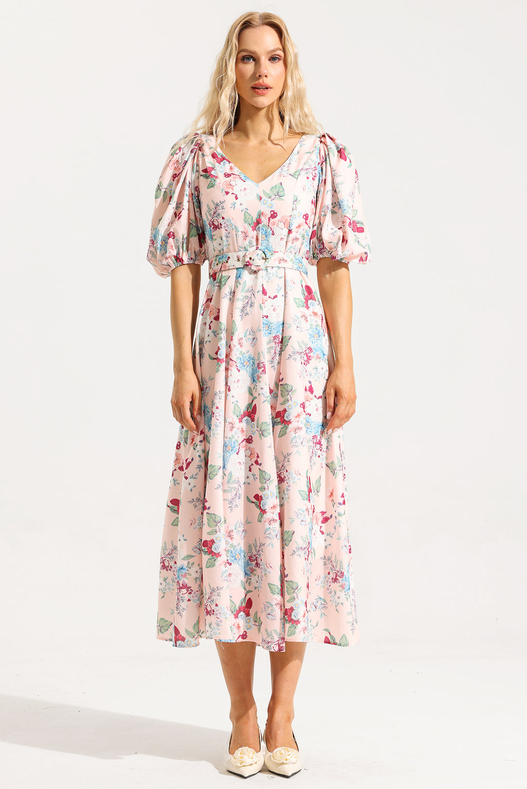 V-neck Puff Sleeve Midi Dress With Belt