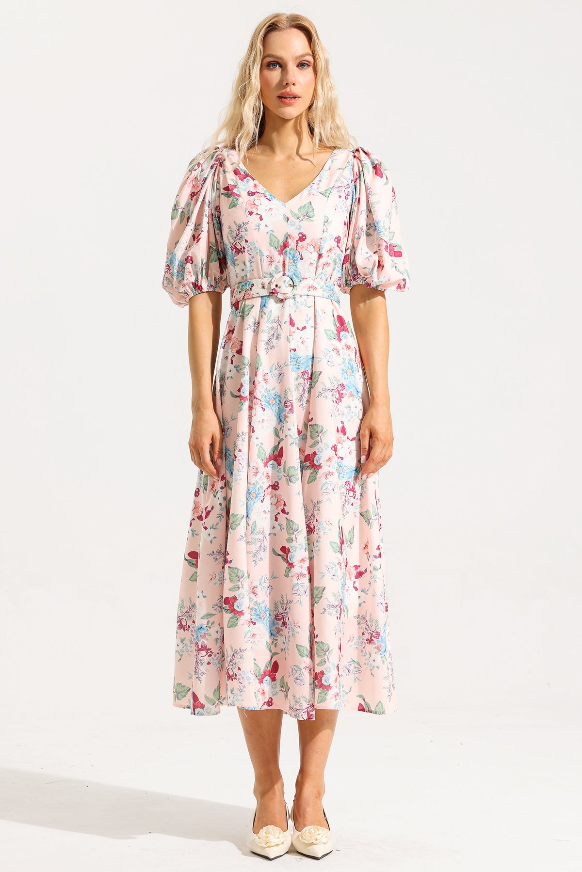 V-neck Puff Sleeve Midi Dress With Belt