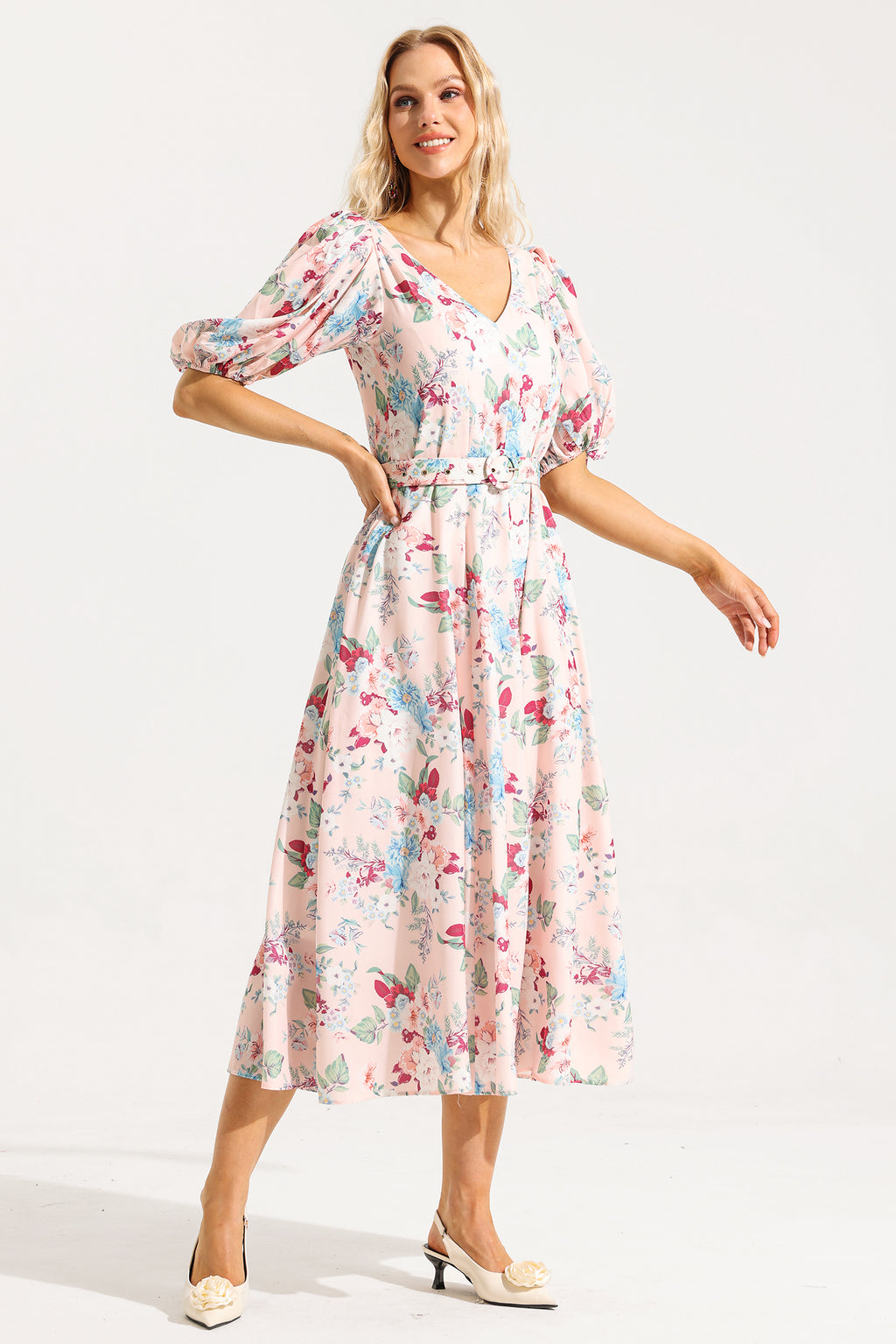 V-neck Puff Sleeve Midi Dress With Belt