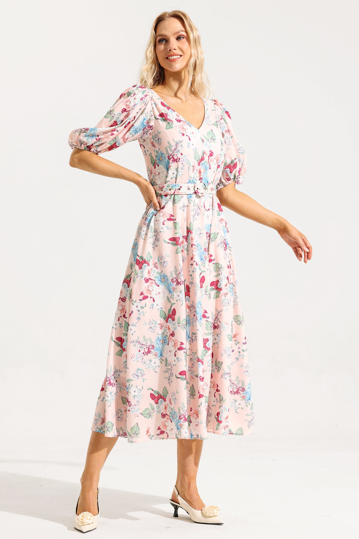 V-neck Puff Sleeve Midi Dress With Belt