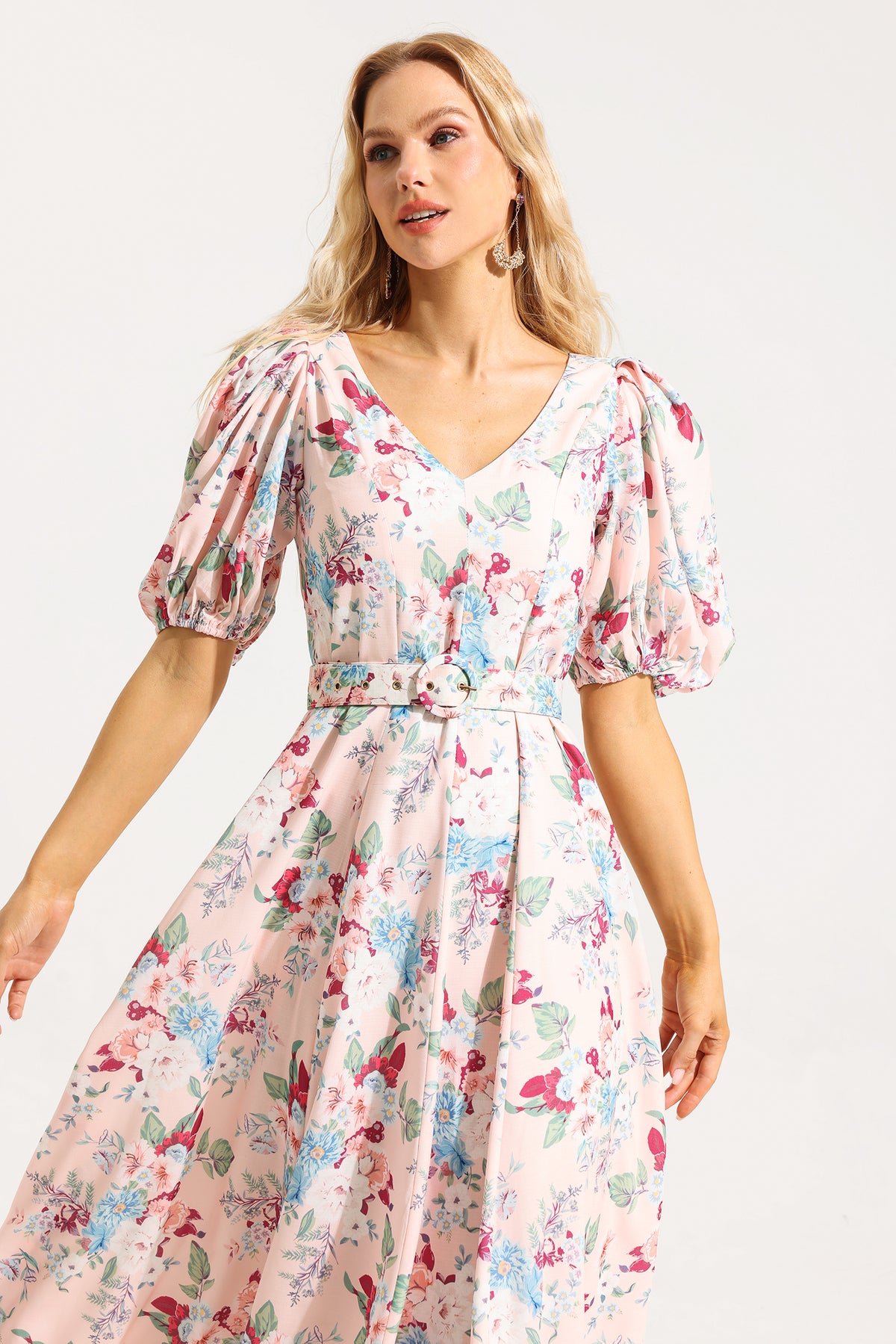 V-neck Puff Sleeve Midi Dress With Belt