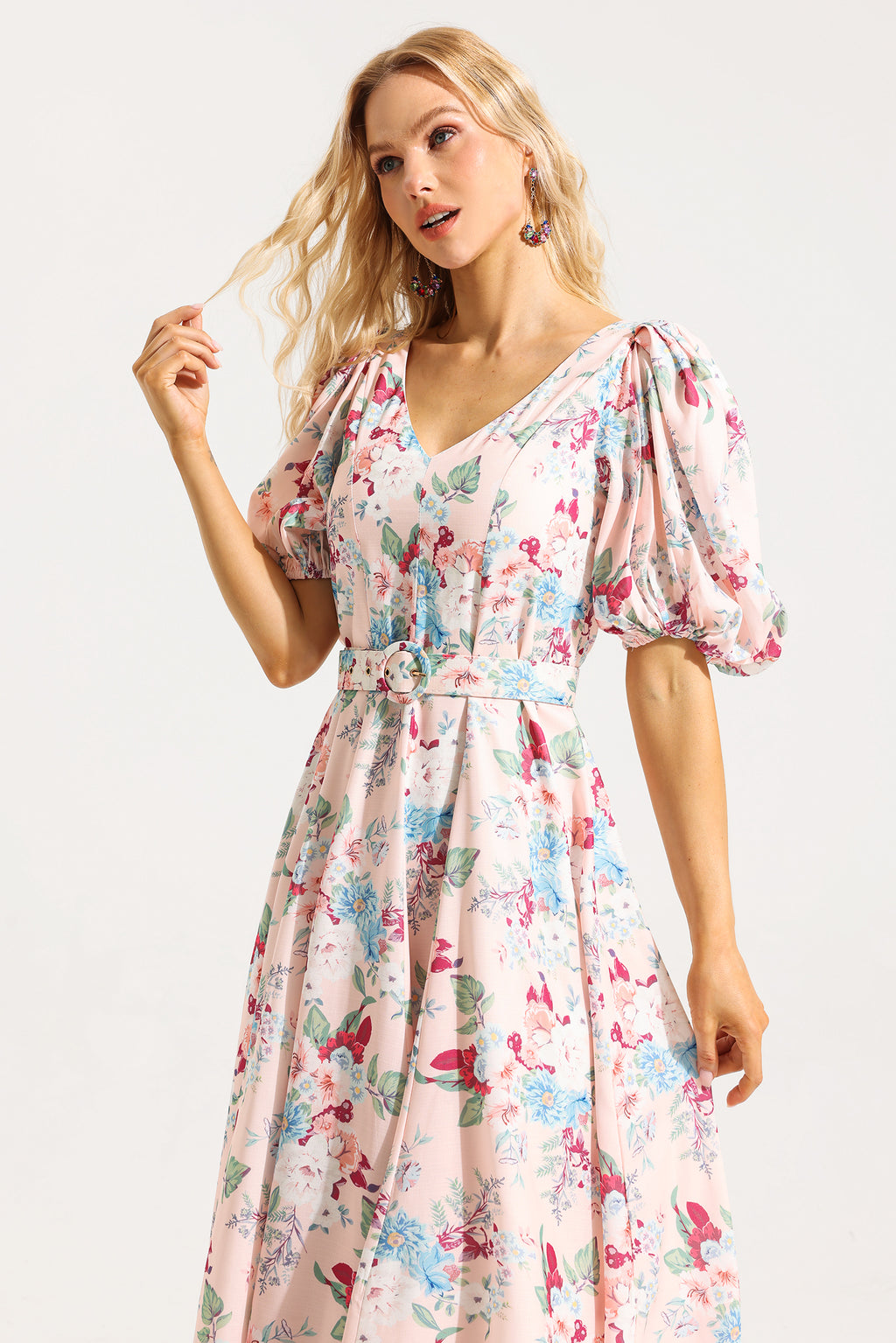 V-neck Puff Sleeve Midi Dress With Belt