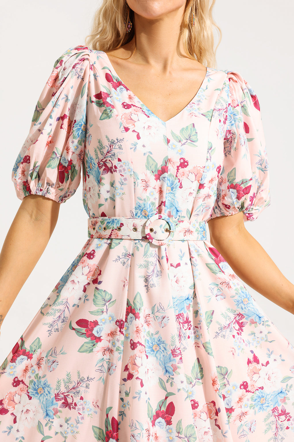 V-neck Puff Sleeve Midi Dress With Belt