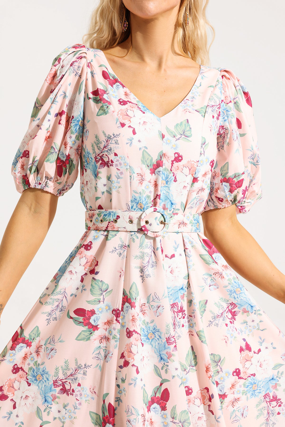V-neck Puff Sleeve Midi Dress With Belt
