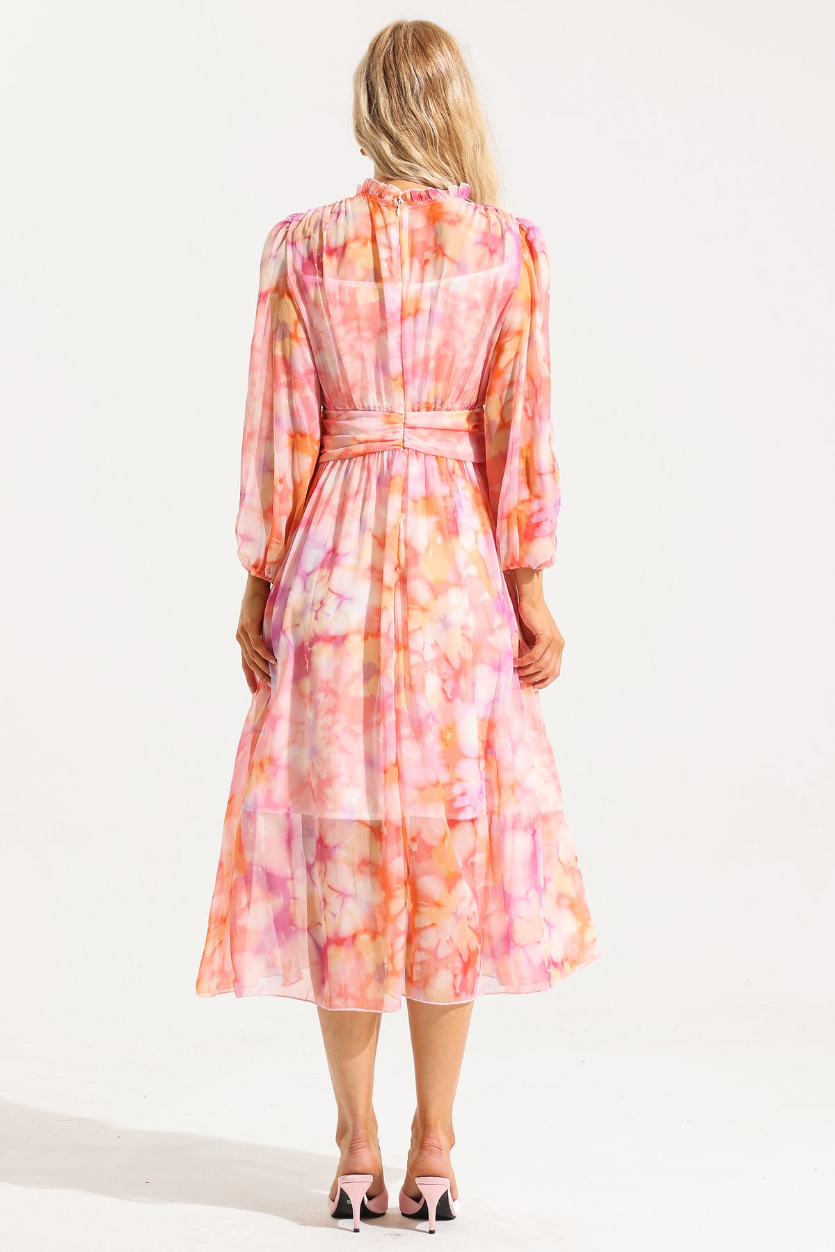 Abstract Print Frill Long Sleeve Midi Dress
