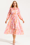 Abstract Print Frill Long Sleeve Midi Dress