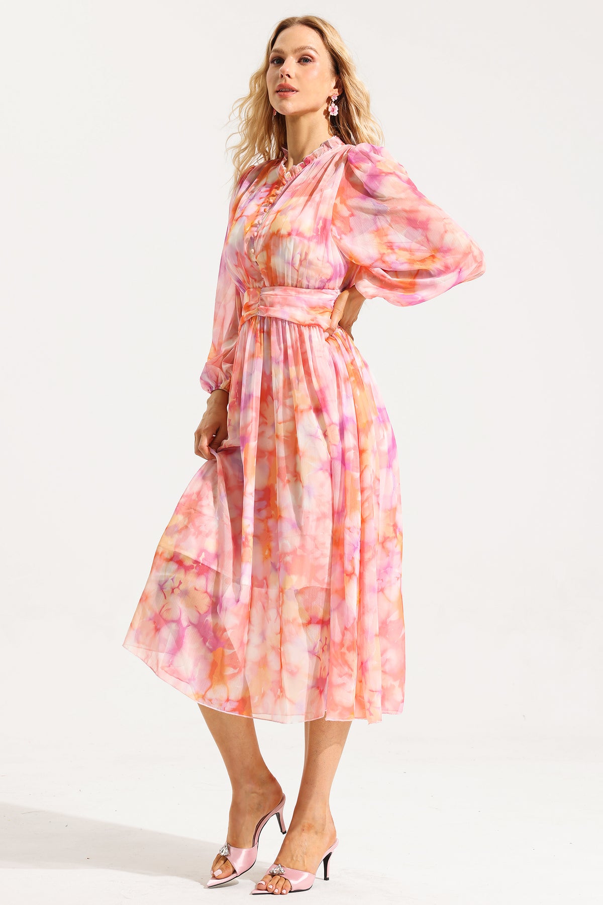 Abstract Print Frill Long Sleeve Midi Dress