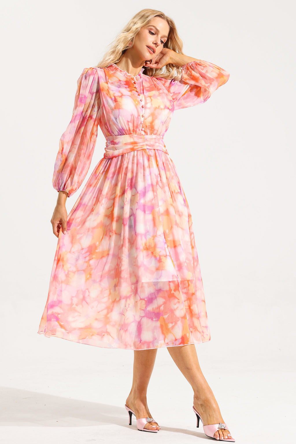 Abstract Print Frill Long Sleeve Midi Dress