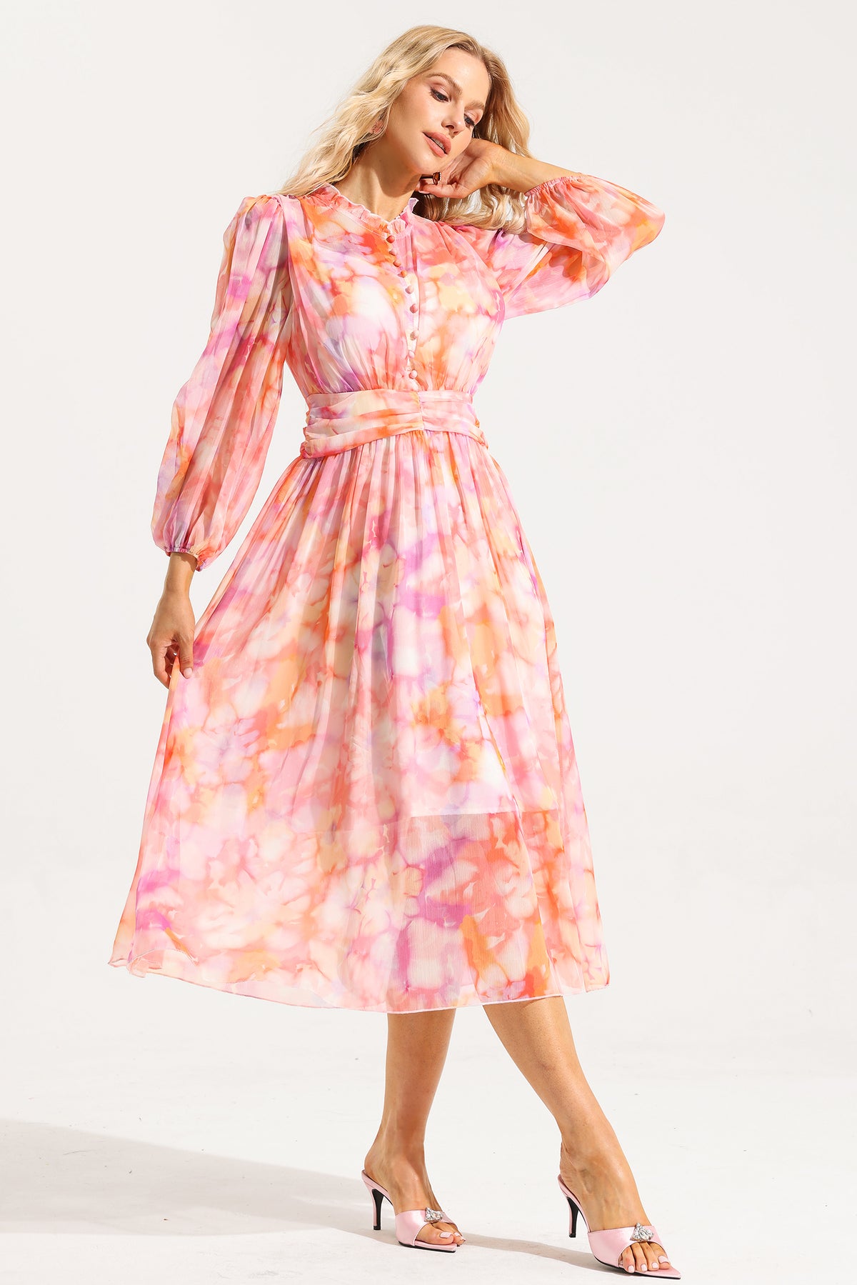 Abstract Print Frill Long Sleeve Midi Dress