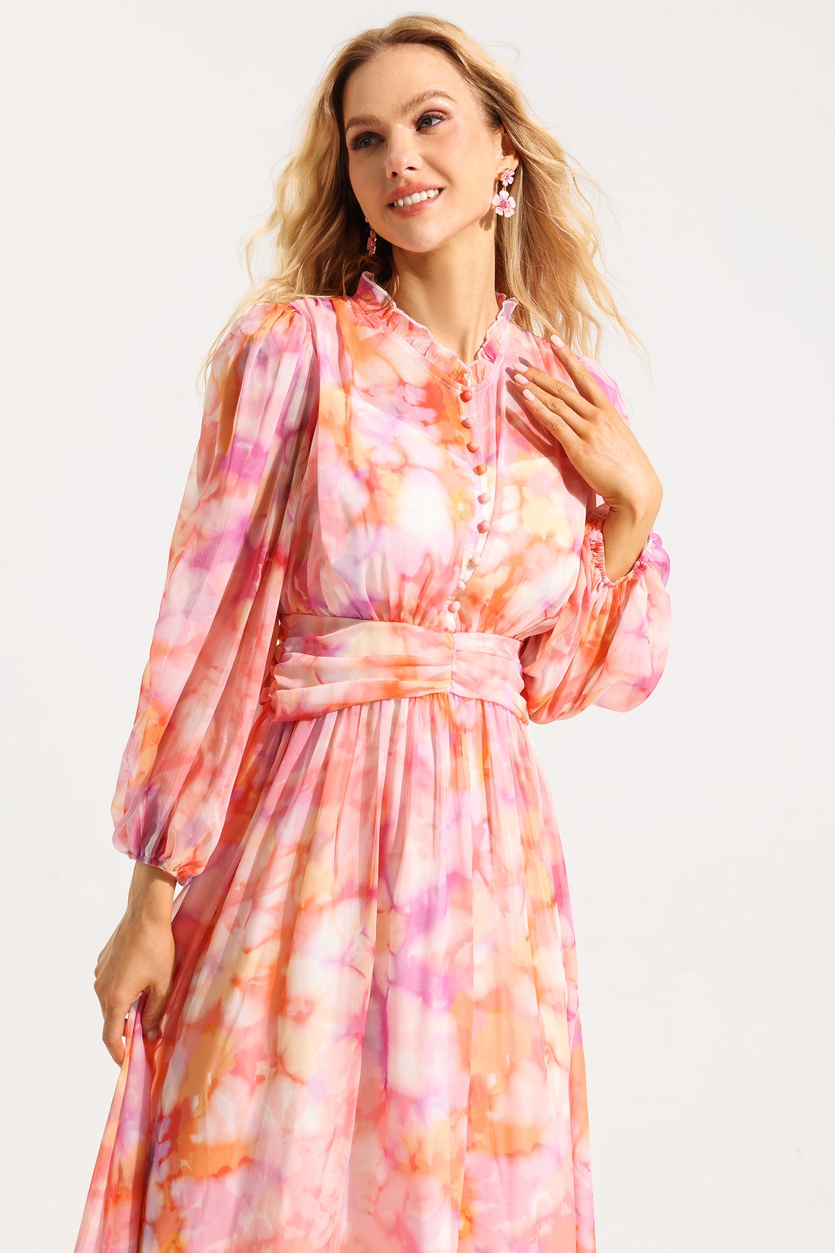Abstract Print Frill Long Sleeve Midi Dress