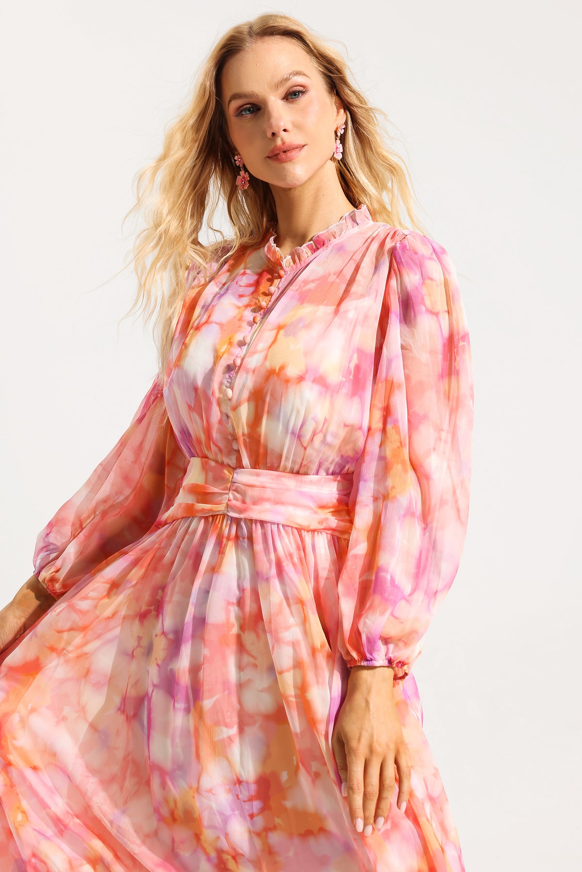 Abstract Print Frill Long Sleeve Midi Dress