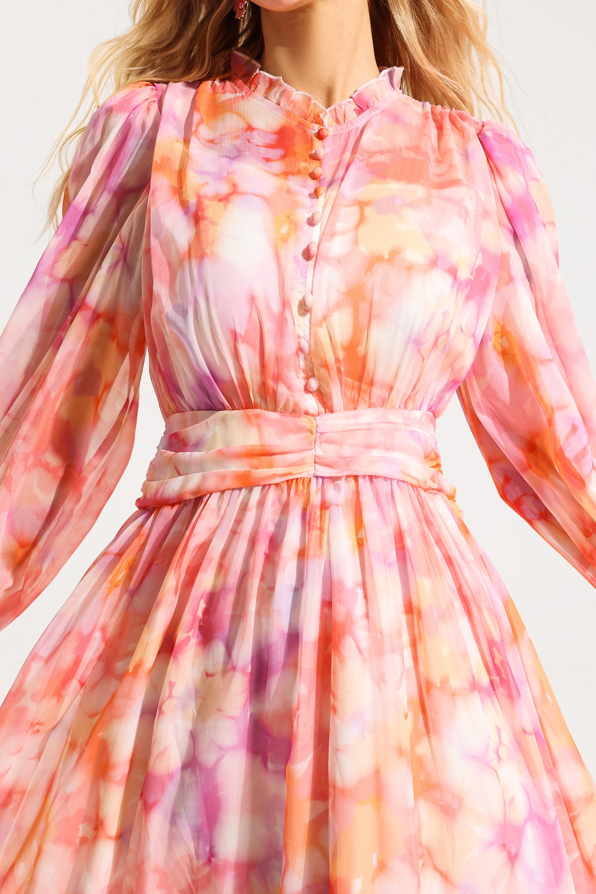 Abstract Print Frill Long Sleeve Midi Dress