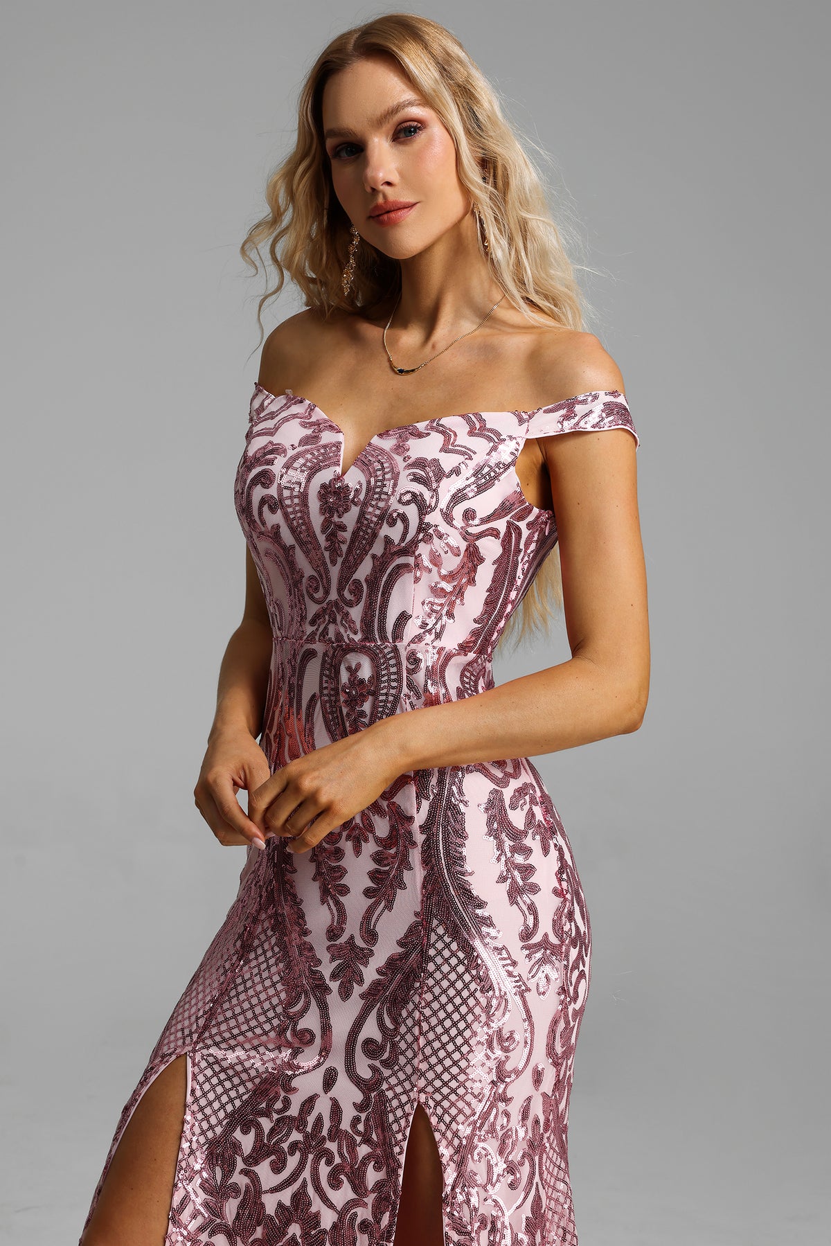 Sequin Off-shoulder Split Maxi Dress