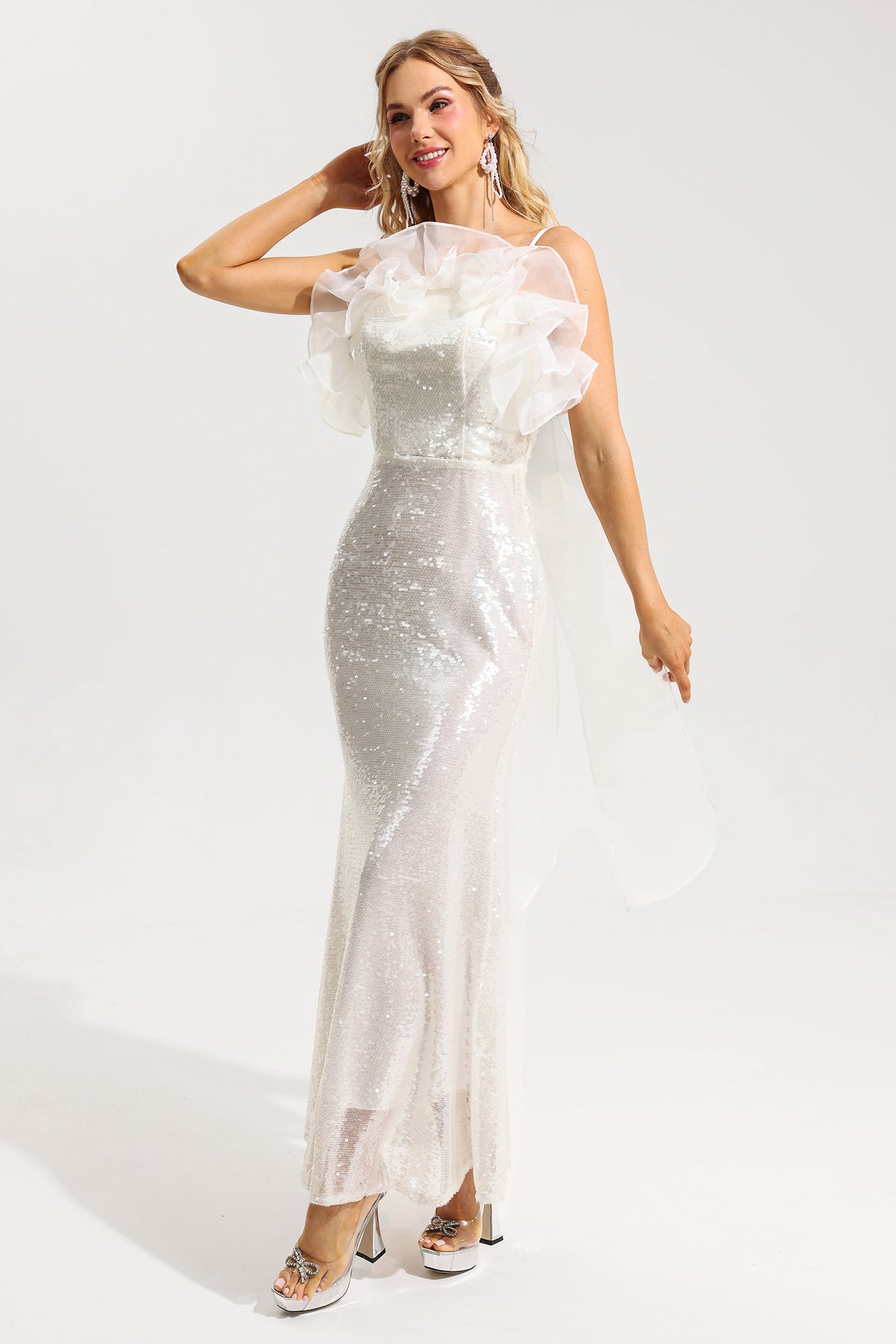 Sequin Off-shoulder Frill Maxi Dress