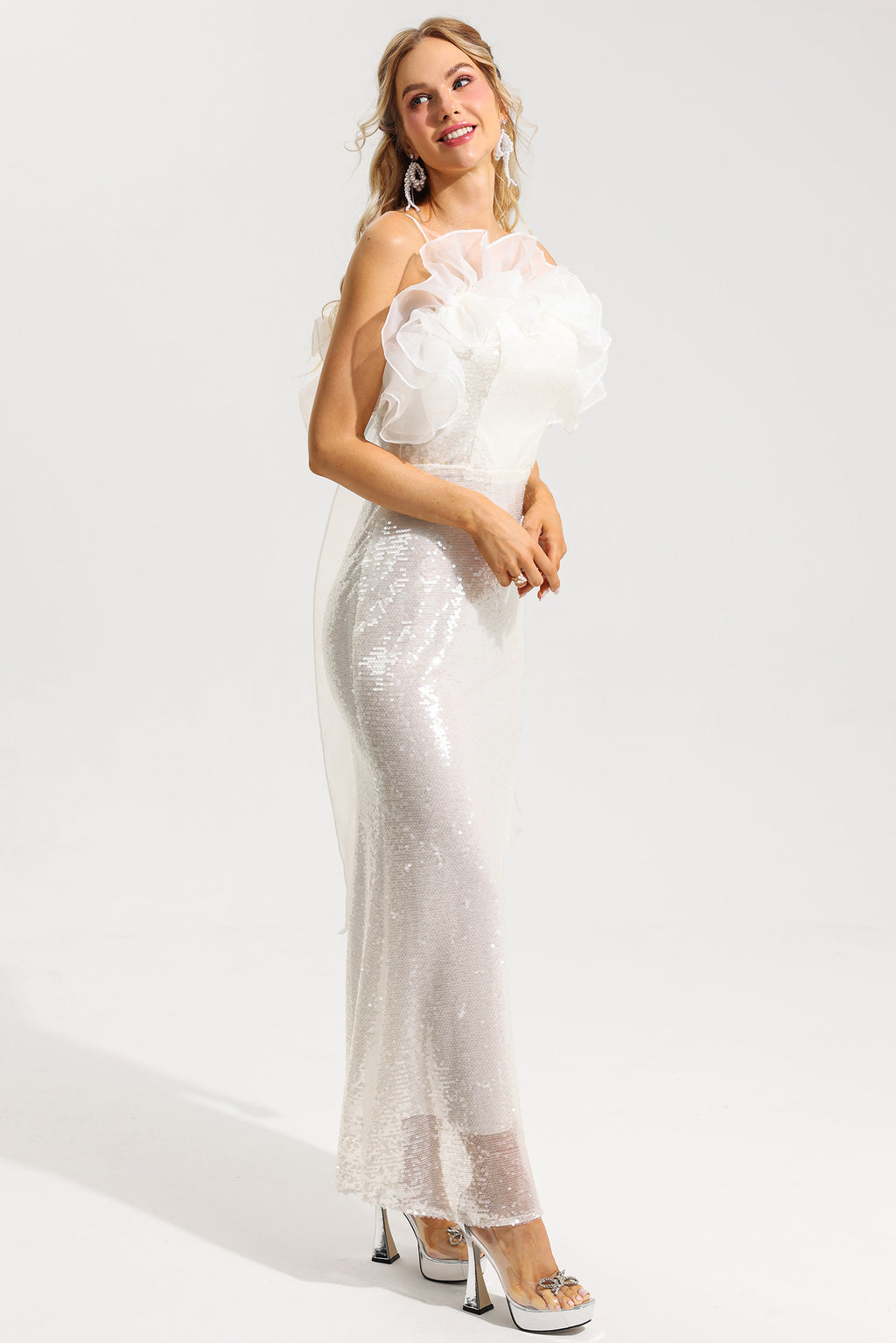 Sequin Off-shoulder Frill Maxi Dress
