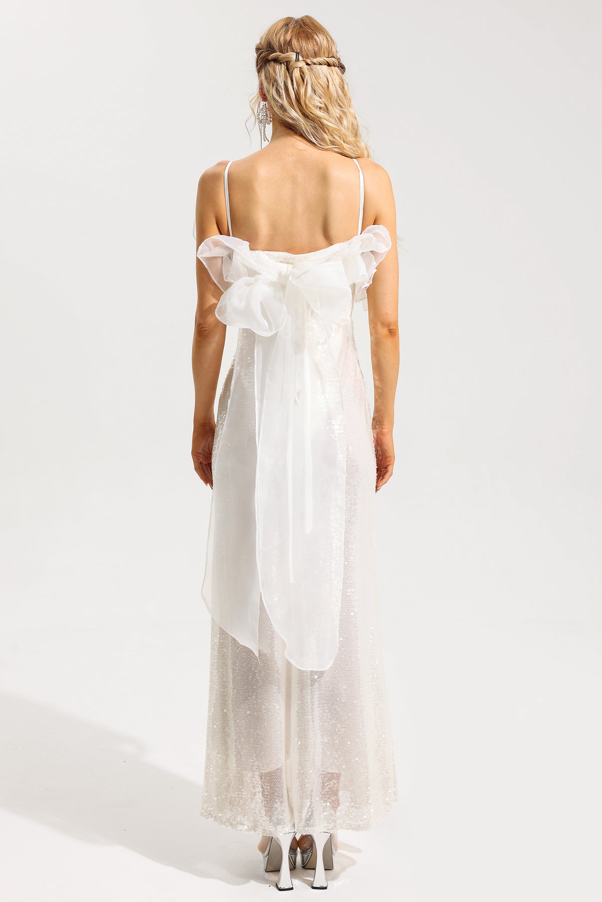 Sequin Off-shoulder Frill Maxi Dress