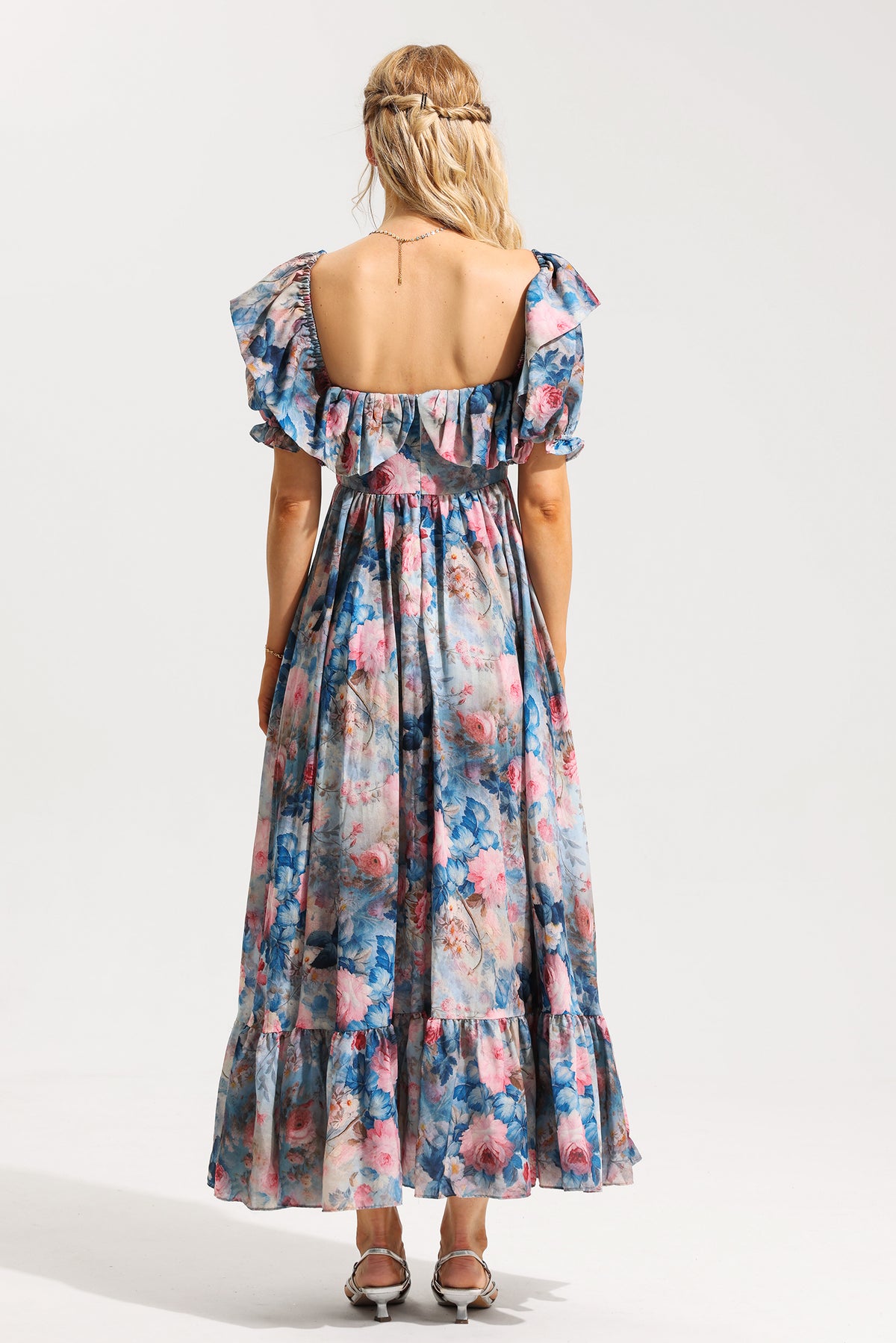 Frill Puff Sleeve Sweetheart Neck Maxi Dress