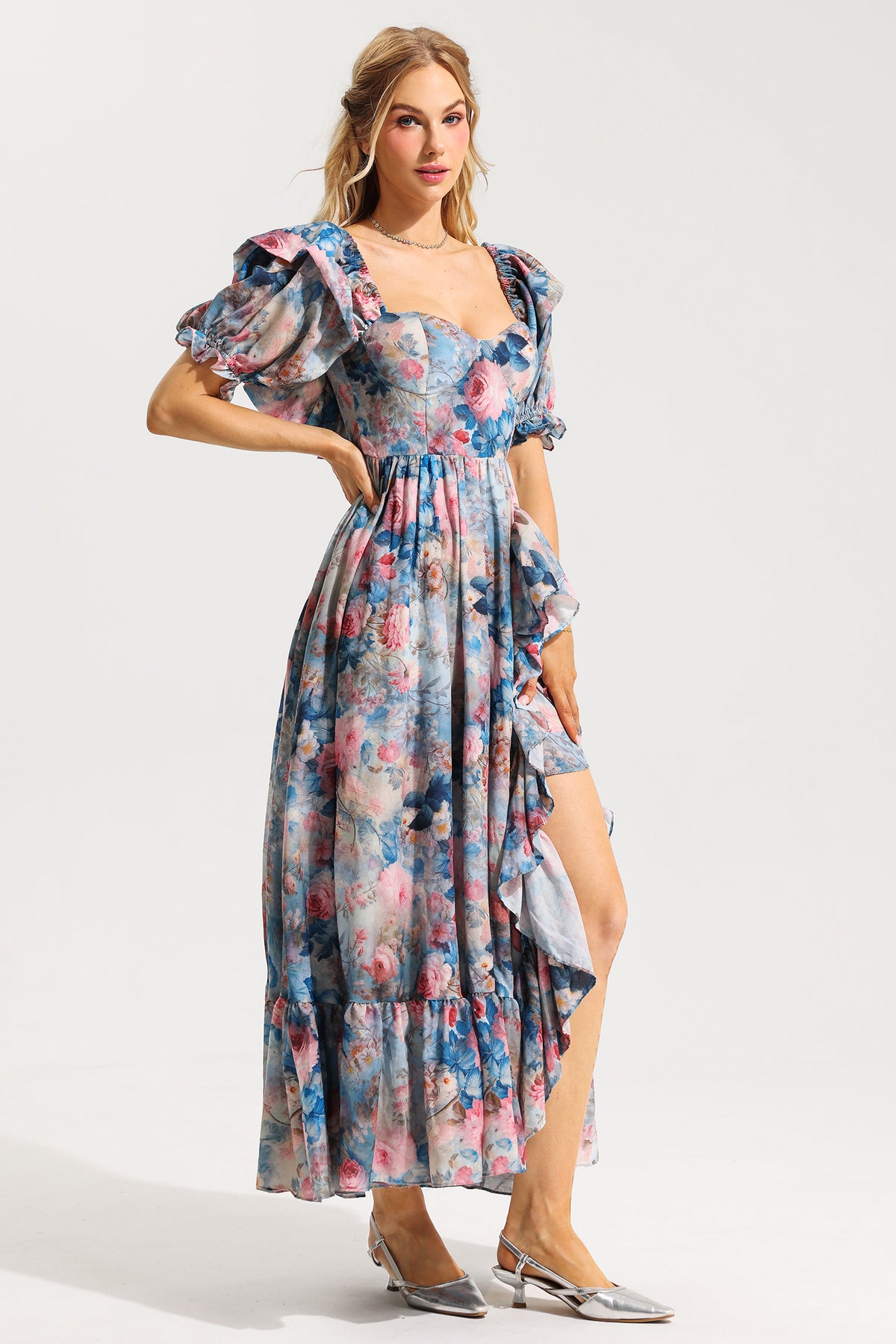 Frill Puff Sleeve Sweetheart Neck Maxi Dress