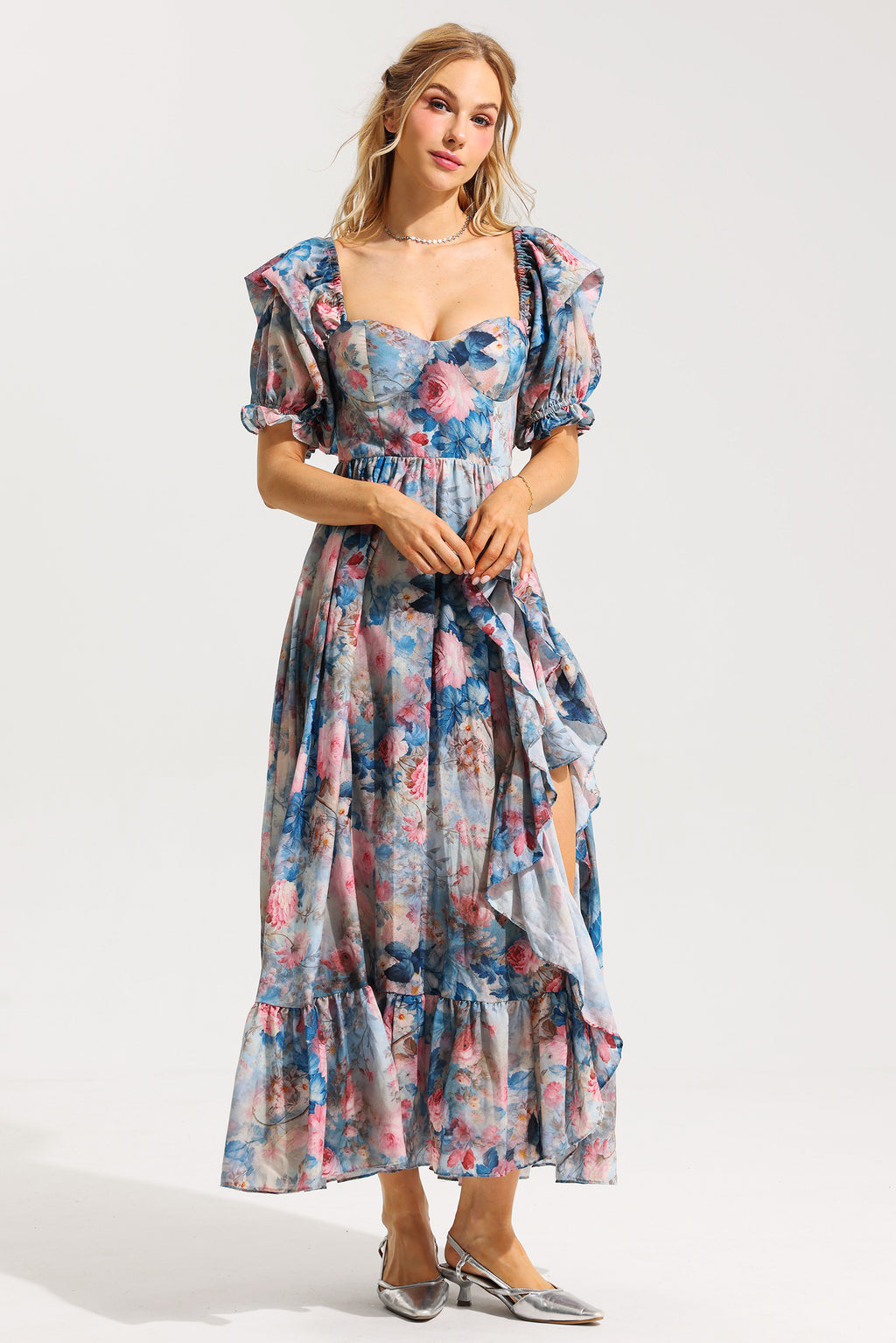 Frill Puff Sleeve Sweetheart Neck Maxi Dress