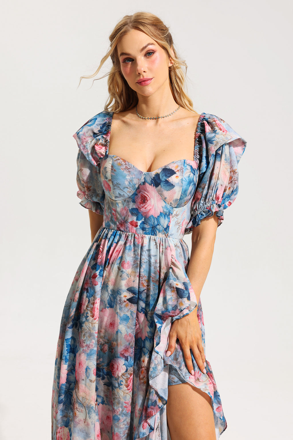 Frill Puff Sleeve Sweetheart Neck Maxi Dress