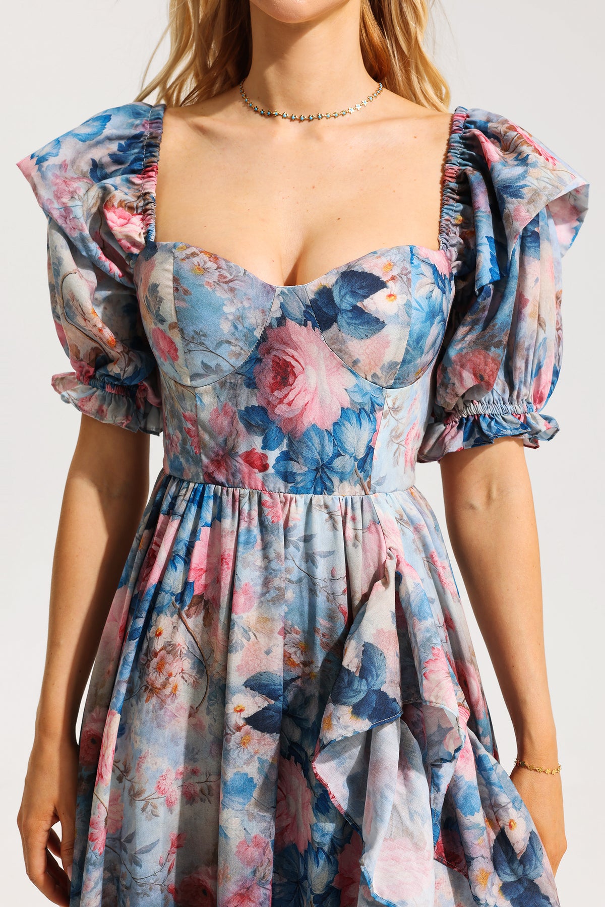 Frill Puff Sleeve Sweetheart Neck Maxi Dress