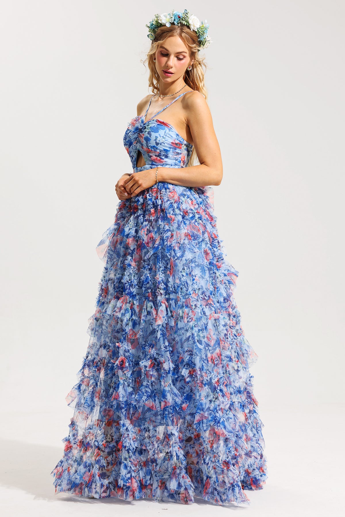 3d Halter Neck Frill Maxi Dress