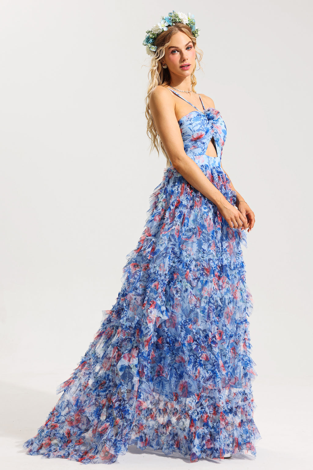 3d Halter Neck Frill Maxi Dress