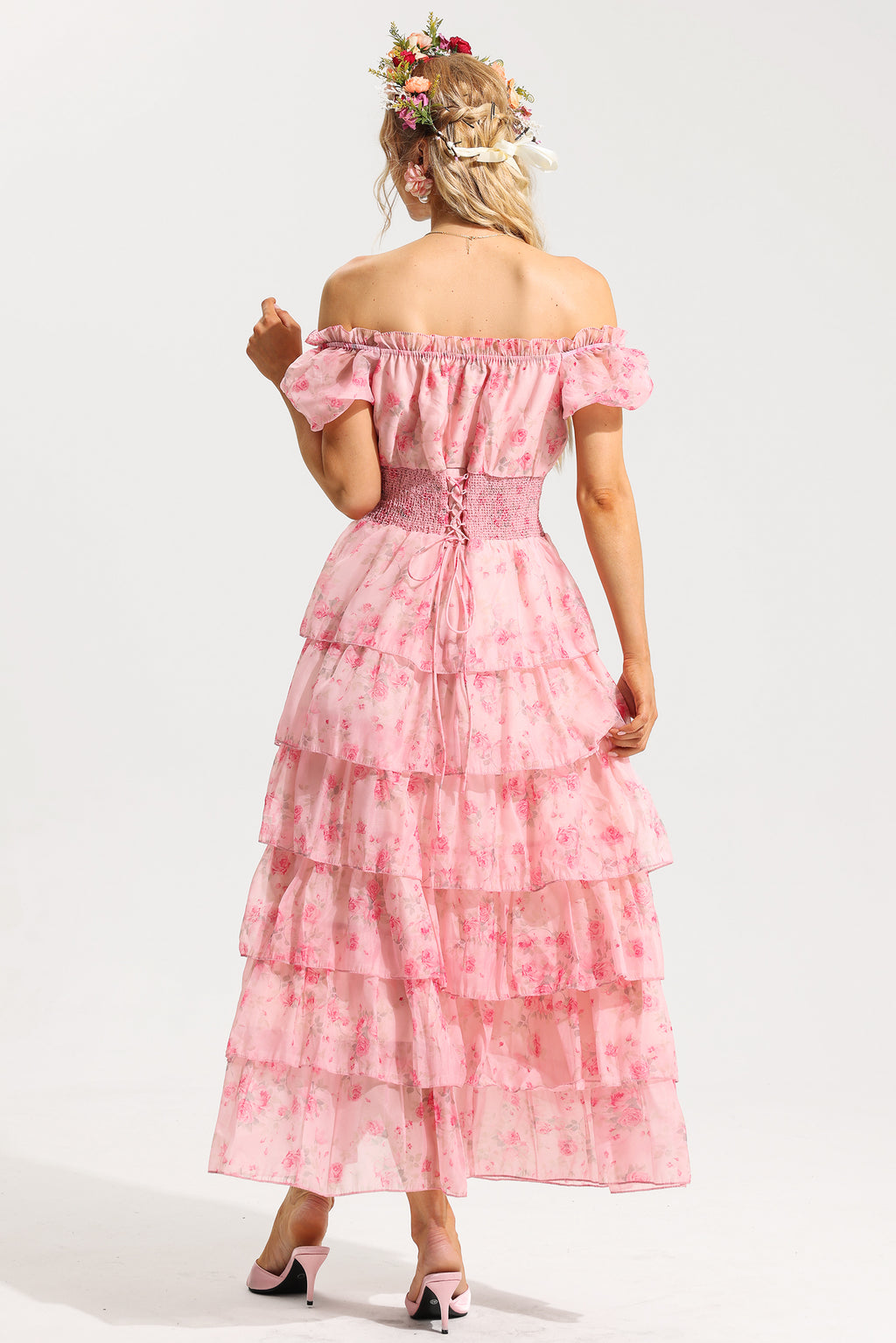 Ruffle Pleated Off-shoulder Midi Dress Pink