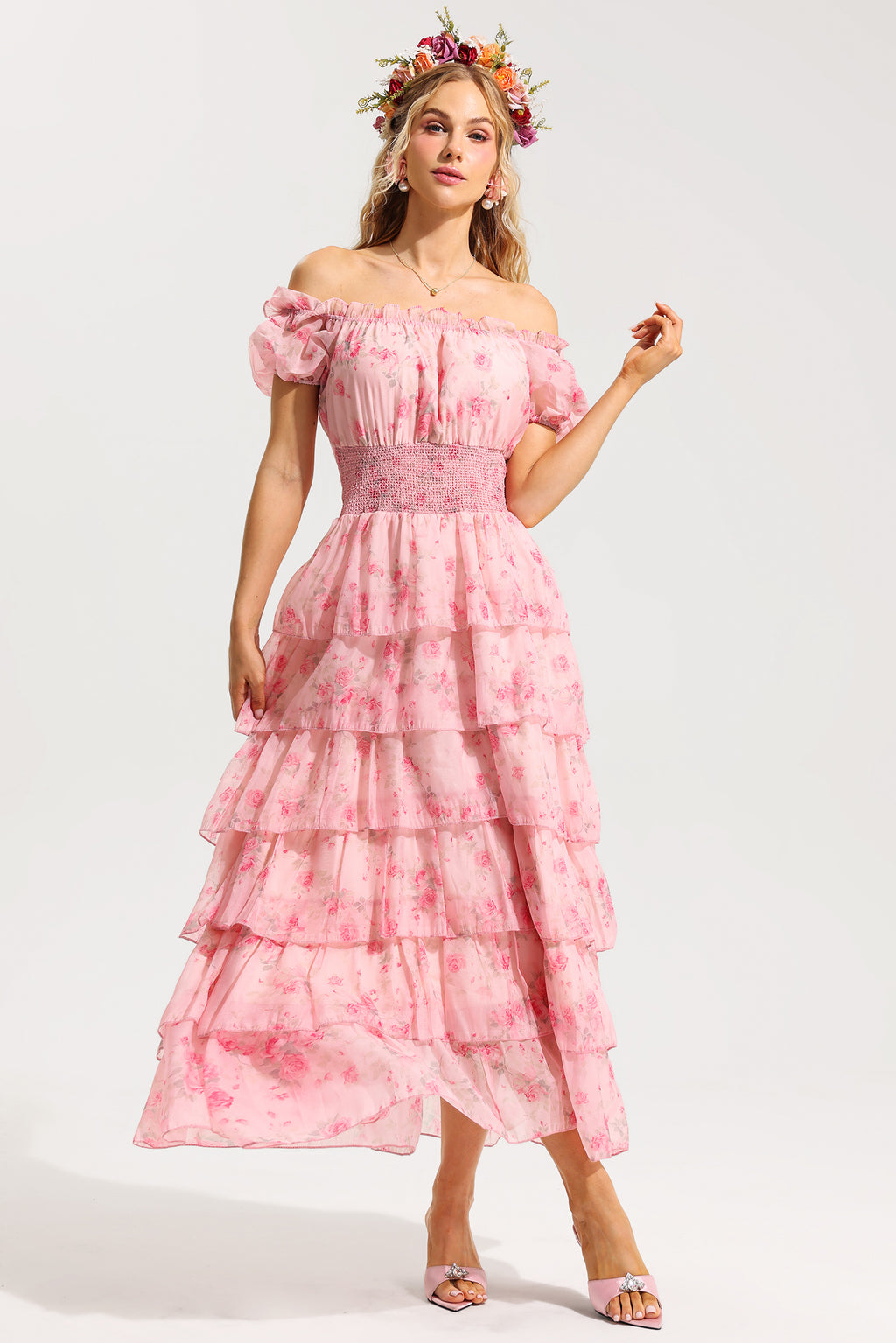 Ruffle Pleated Off-shoulder Midi Dress Pink