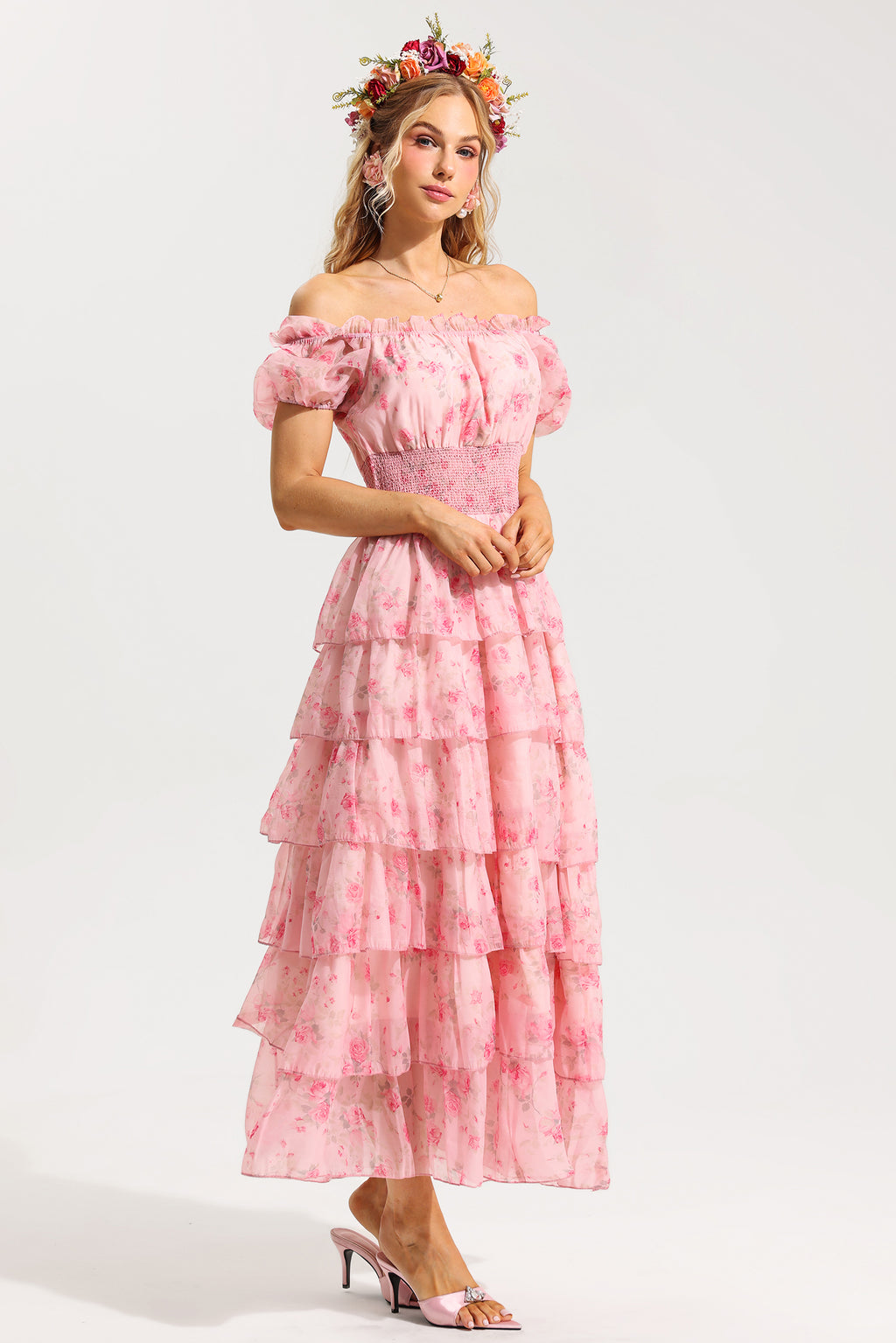 Ruffle Pleated Off-shoulder Midi Dress Pink