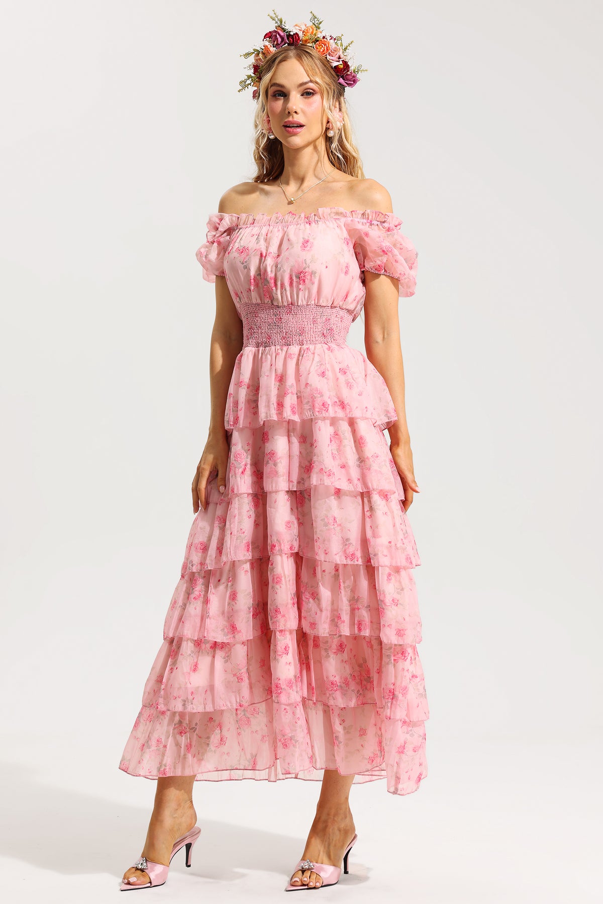 Ruffle Pleated Off-shoulder Midi Dress Pink